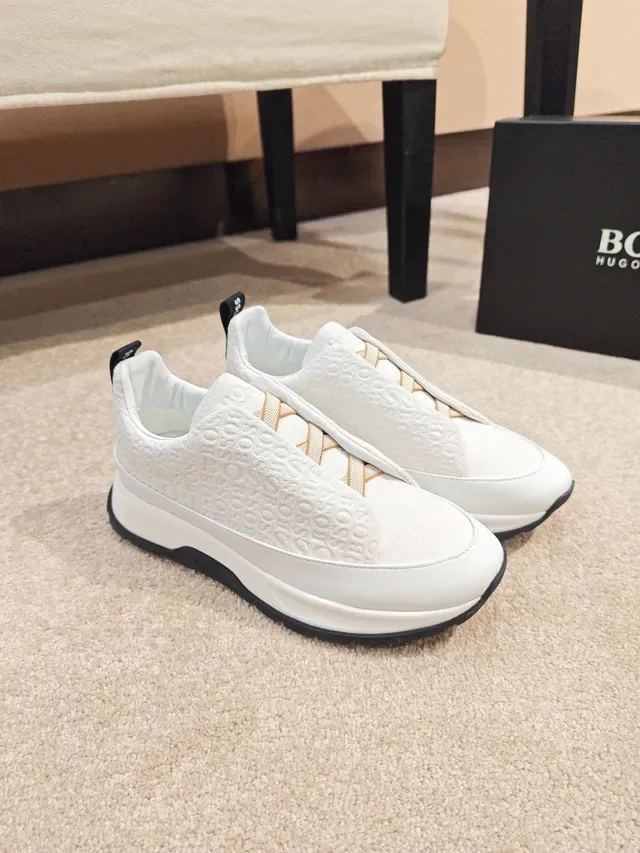 Hugo Boss White Black Slip-On Embossed Logo Upper Sneakers 4