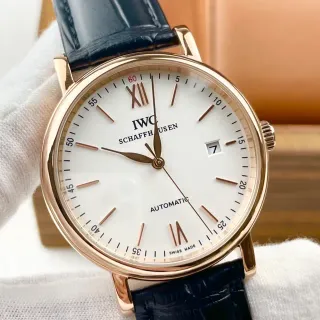 IWC Portugieser Automatic White Dial Rose Gold Case Dark Blue Alligator Strap Mechanical Watch