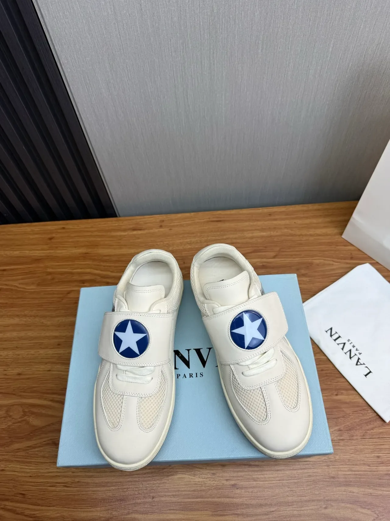 Lanvin White Blue Strap-Closure Mesh-and-Leather Upper Lifestyle Sneakers 2