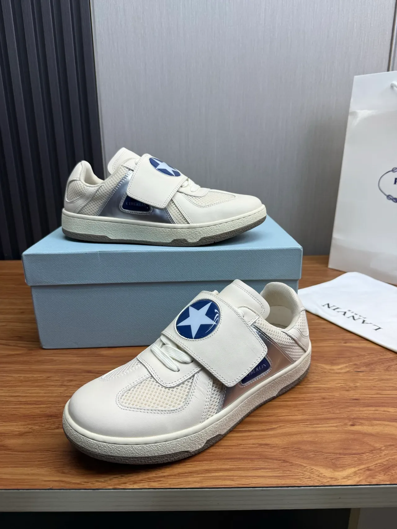 Lanvin White Blue Strap-Closure Mesh-and-Leather Upper Lifestyle Sneakers 3