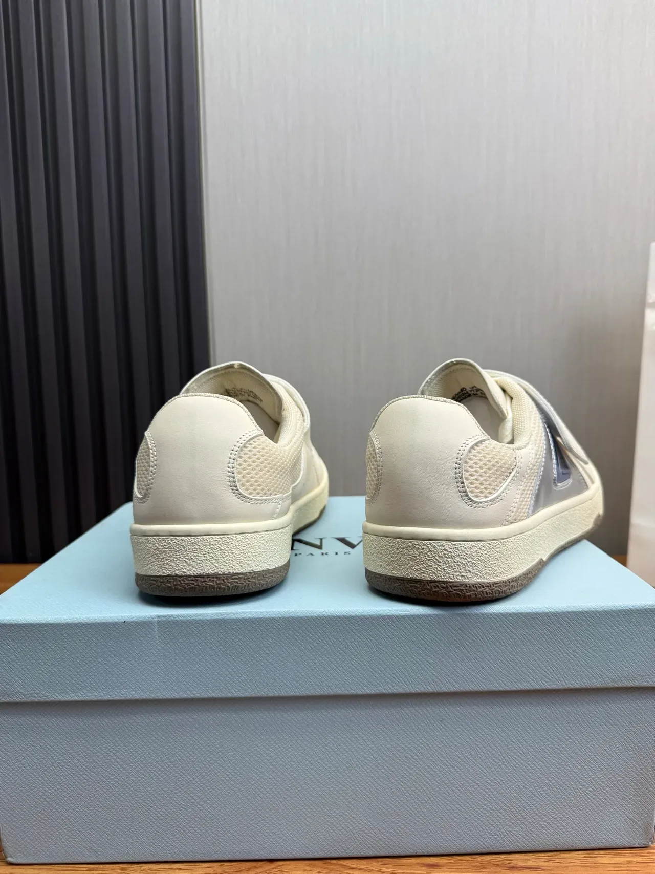 Lanvin White Blue Strap-Closure Mesh-and-Leather Upper Lifestyle Sneakers 4