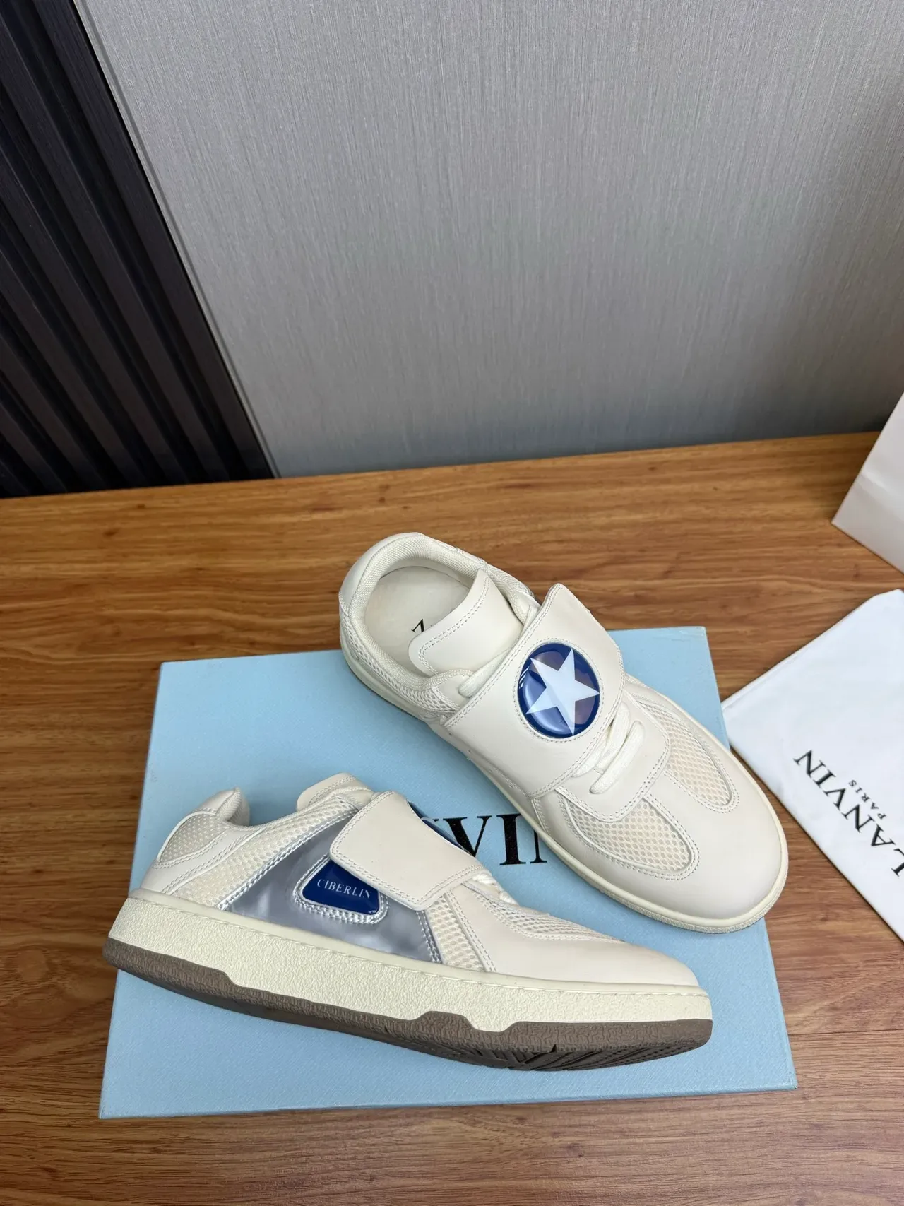 Lanvin White Blue Strap-Closure Mesh-and-Leather Upper Lifestyle Sneakers 5