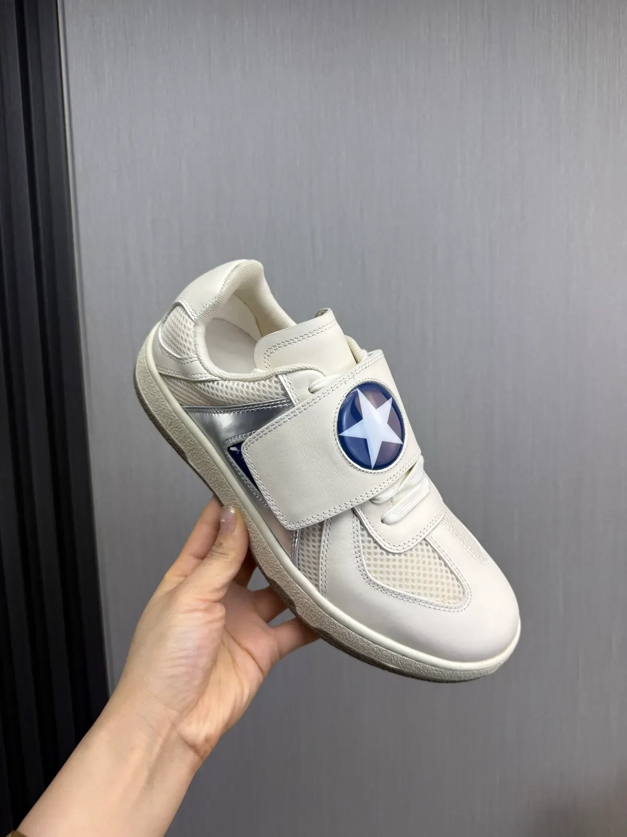 Lanvin White Blue Strap-Closure Mesh-and-Leather Upper Lifestyle Sneakers 7