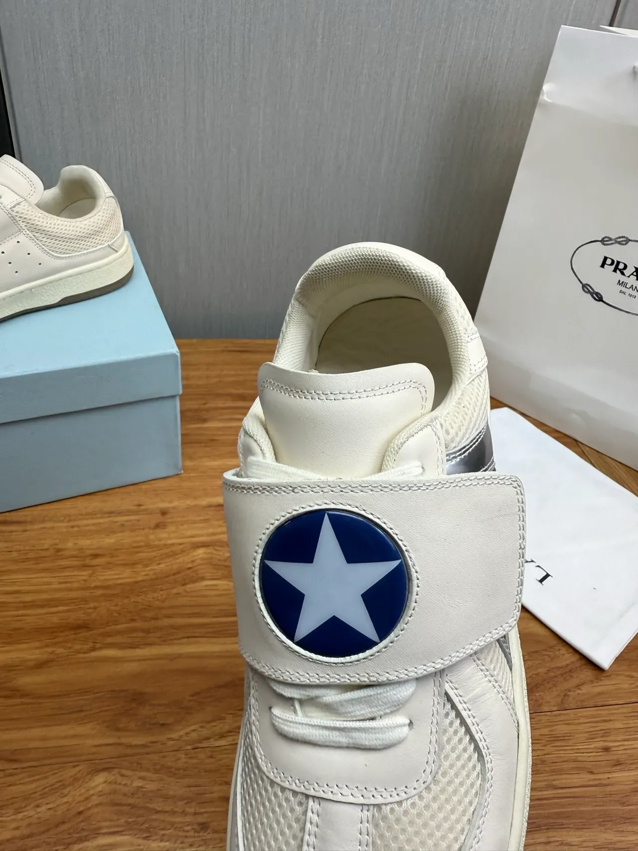 Lanvin White Blue Strap-Closure Mesh-and-Leather Upper Lifestyle Sneakers 8