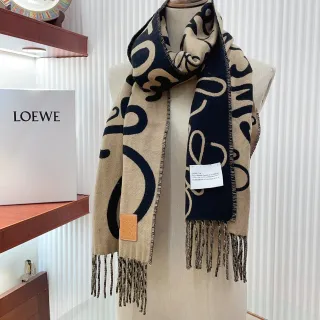 Loewe Anagram Print Bufanda de Cachemira Beige y Navy