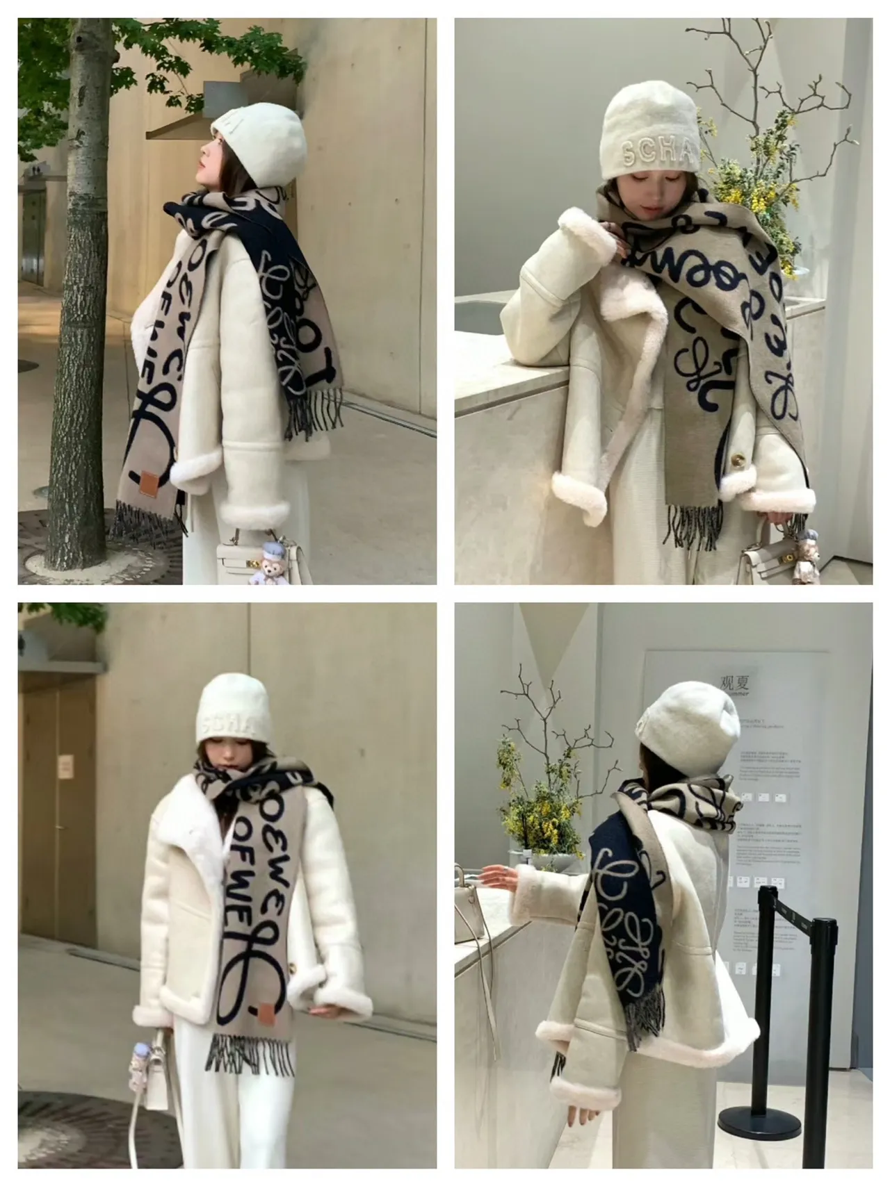 Loewe Anagram Print Cachecol de Cashmere Bege e Navy 4