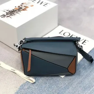 Loewe Puzzle Navy Brown Geometric Panelled Asymmetrical Flap Handbag