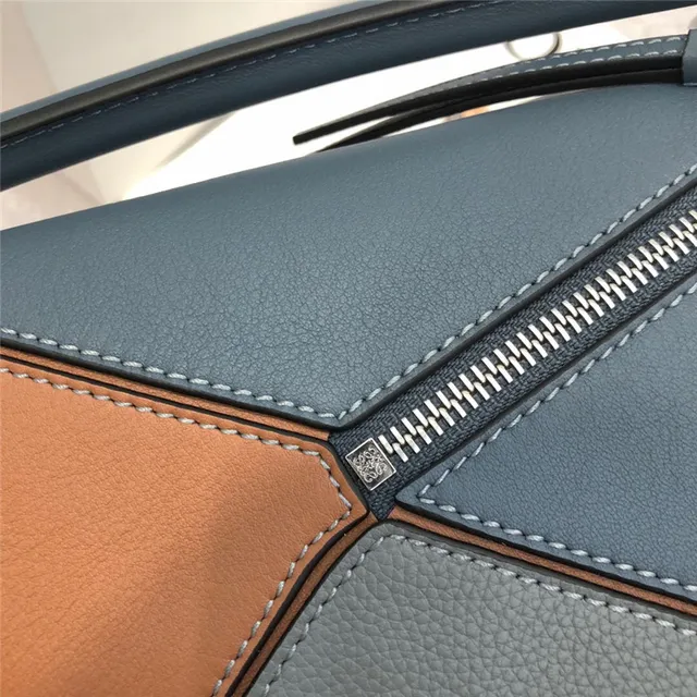 Loewe Puzzle Navy Brown Geometric Panelled Asymmetrical Flap Handbag 2
