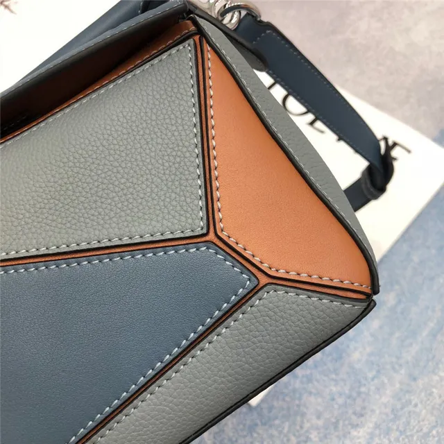Loewe Puzzle Navy Brown Geometric Panelled Asymmetrical Flap Handbag 4
