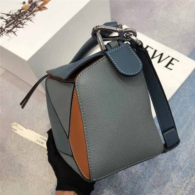 Loewe Puzzle Navy Brown Geometric Panelled Asymmetrical Flap Handbag 7