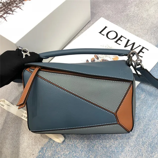 Loewe Puzzle Navy Brown Geometric Panelled Asymmetrical Flap Handbag 8