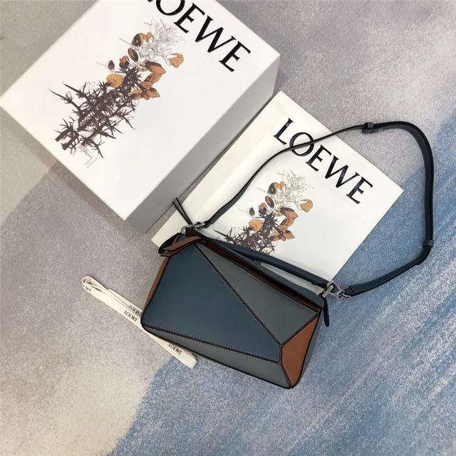 Loewe Puzzle Navy Brown Geometric Panelled Asymmetrical Flap Handbag 9