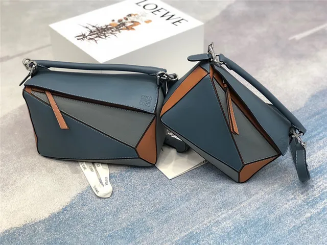 Loewe Puzzle Navy Brown Geometric Panelled Asymmetrical Flap Handbag 11