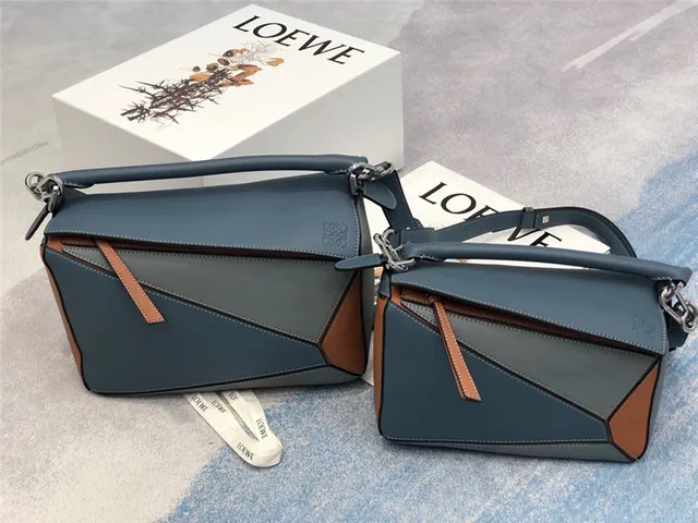 Loewe Puzzle Navy Brown Geometric Panelled Asymmetrical Flap Handbag 12