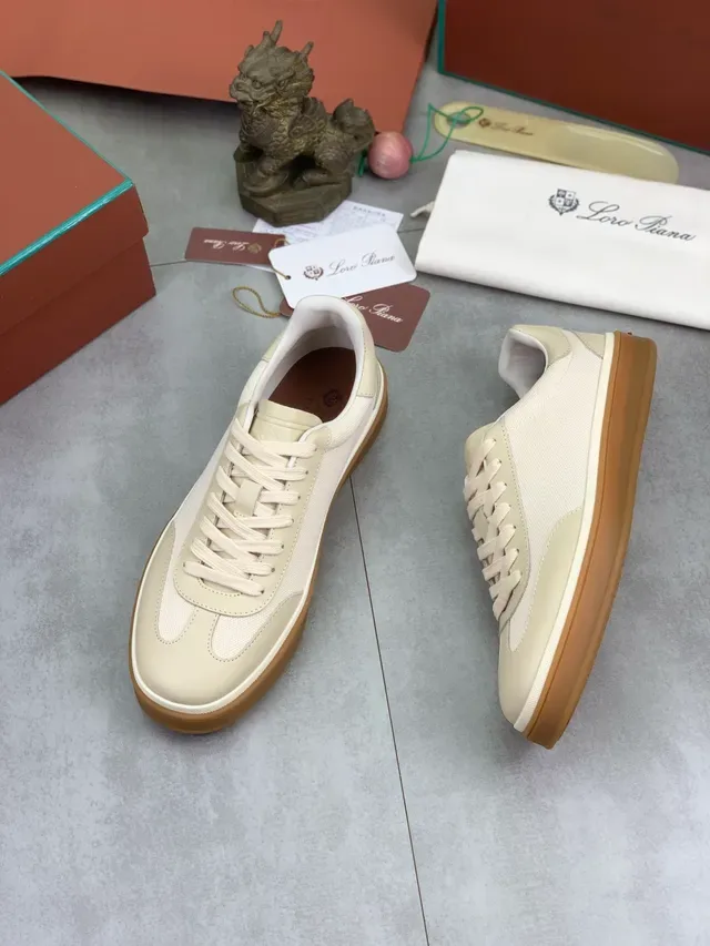 Loro Piana Beige and Brown Canvas-Leather Lifestyle Sneakers 5