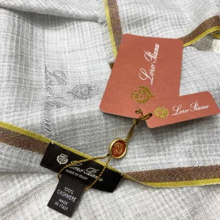 Loro Piana Gray Gold Lightweight Weave Embroidered Brand Script Cashmere Scarf