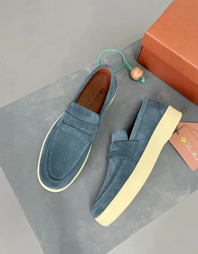 Loro Piana Penny Loafer haut en daim bleu-beige loafer à bride 3
