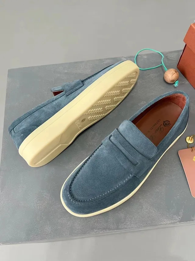 Loro Piana Penny Loafer haut en daim bleu-beige loafer à bride 4