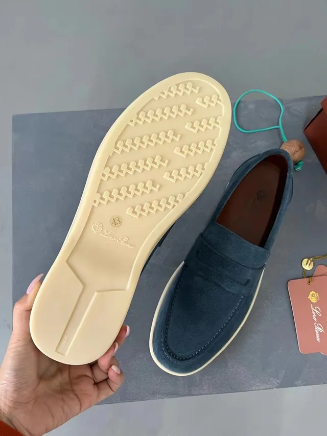Loro Piana Penny Loafer haut en daim bleu-beige loafer à bride 5