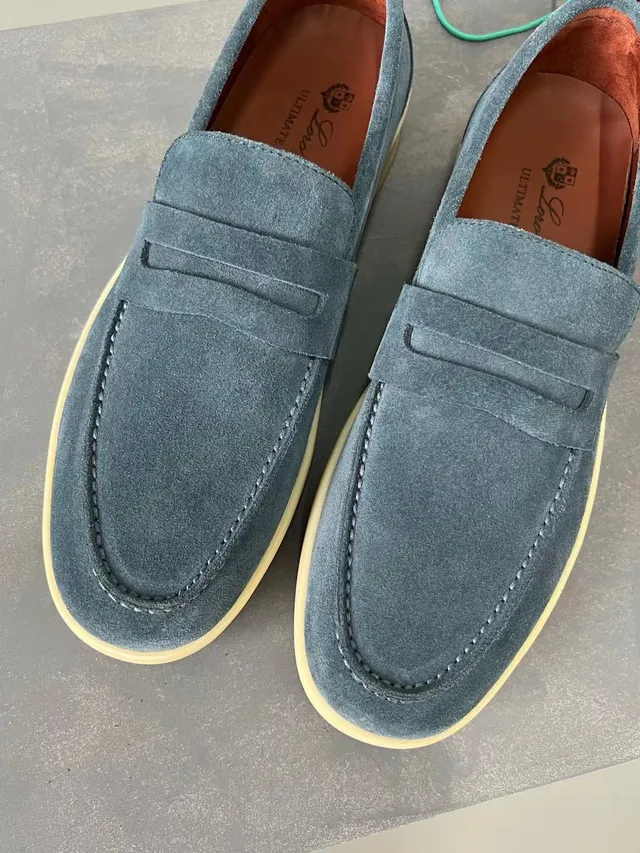Loro Piana Penny Loafer haut en daim bleu-beige loafer à bride 6