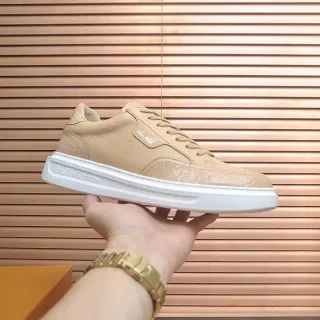 Louis Vuitton Beige White Embossed Leather Upper Flat Lacing System Lifestyle Sneakers