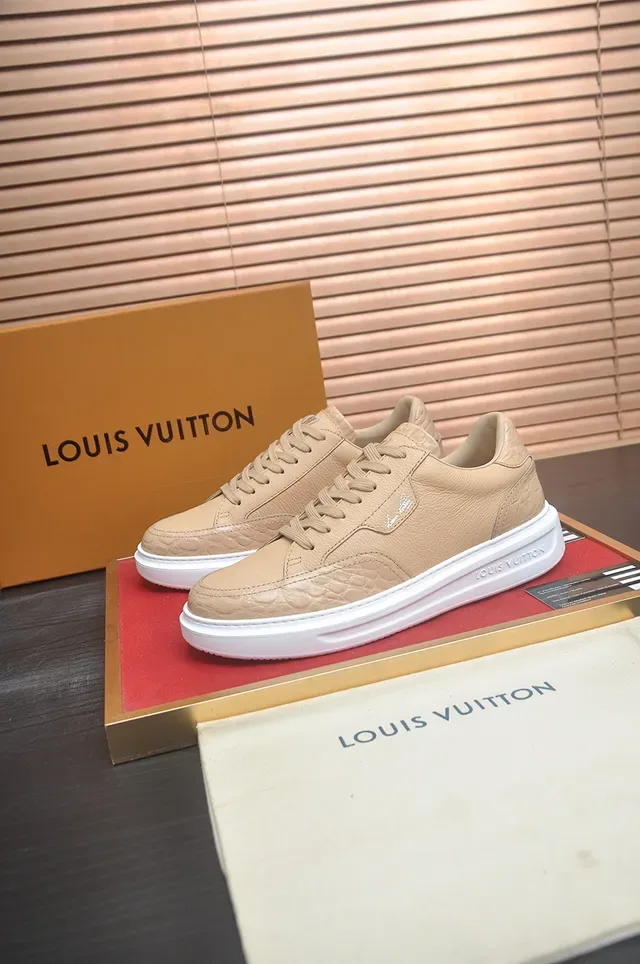 Louis Vuitton Beige White Embossed Leather Upper Flat Lacing System Lifestyle Sneakers 4