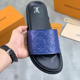 Louis Vuitton Black Blue Monogram-Embossed Strap Molded Rubber Sole Slippers