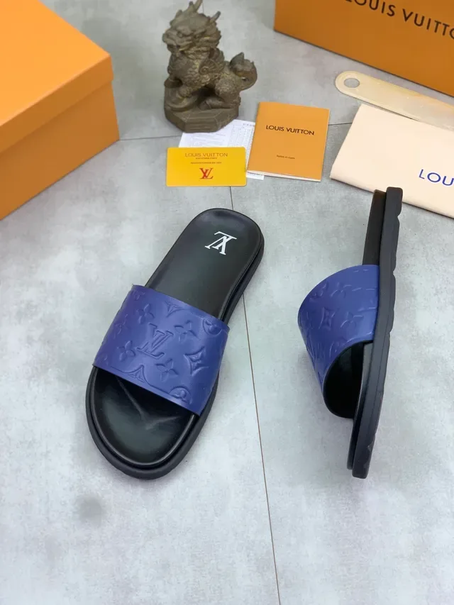 Louis Vuitton Negro Azul Monogram-embossed Correa Suela de goma moldeada Sandalias 4