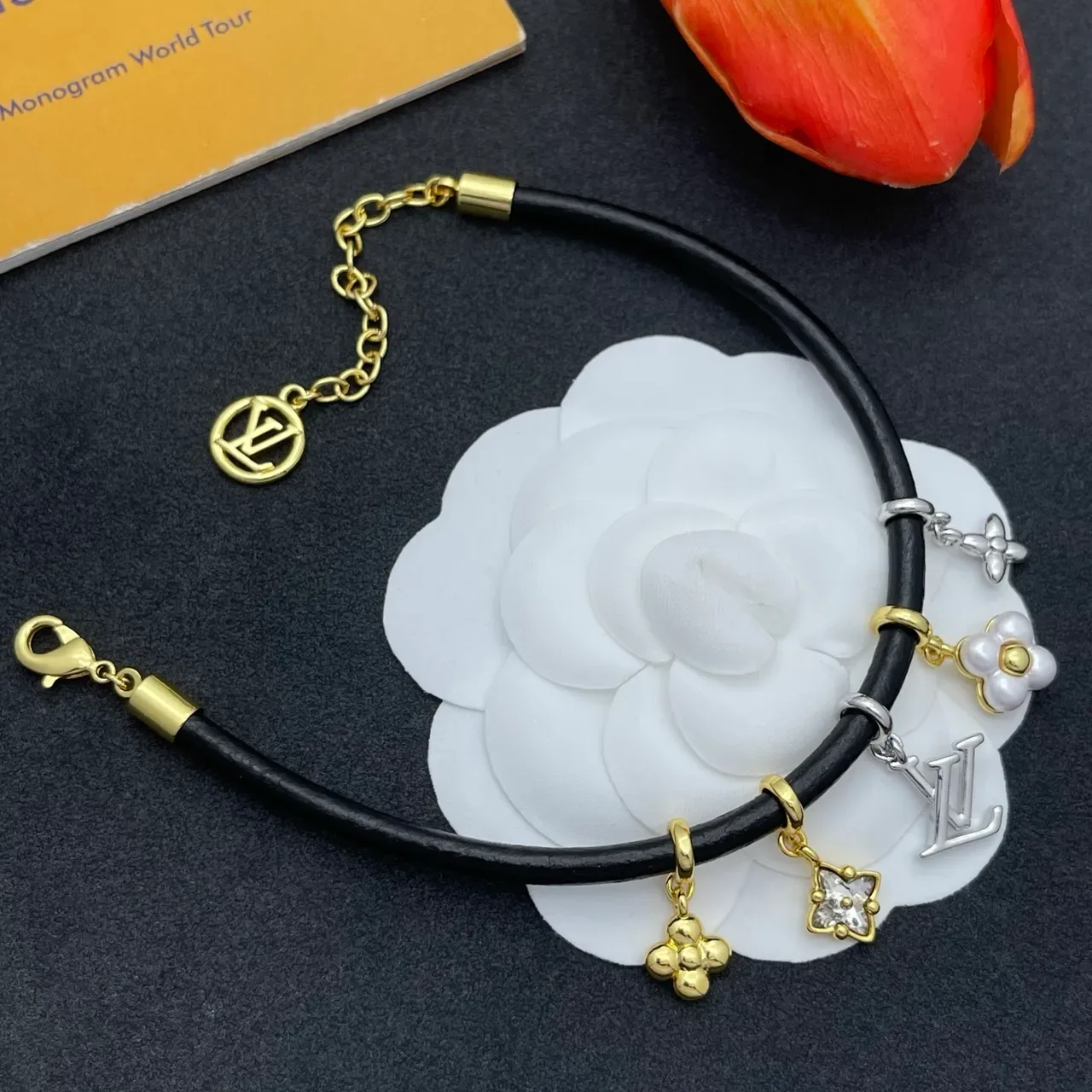 Louis Vuitton Black Gold Cord Multi-Charm Bracelet 5