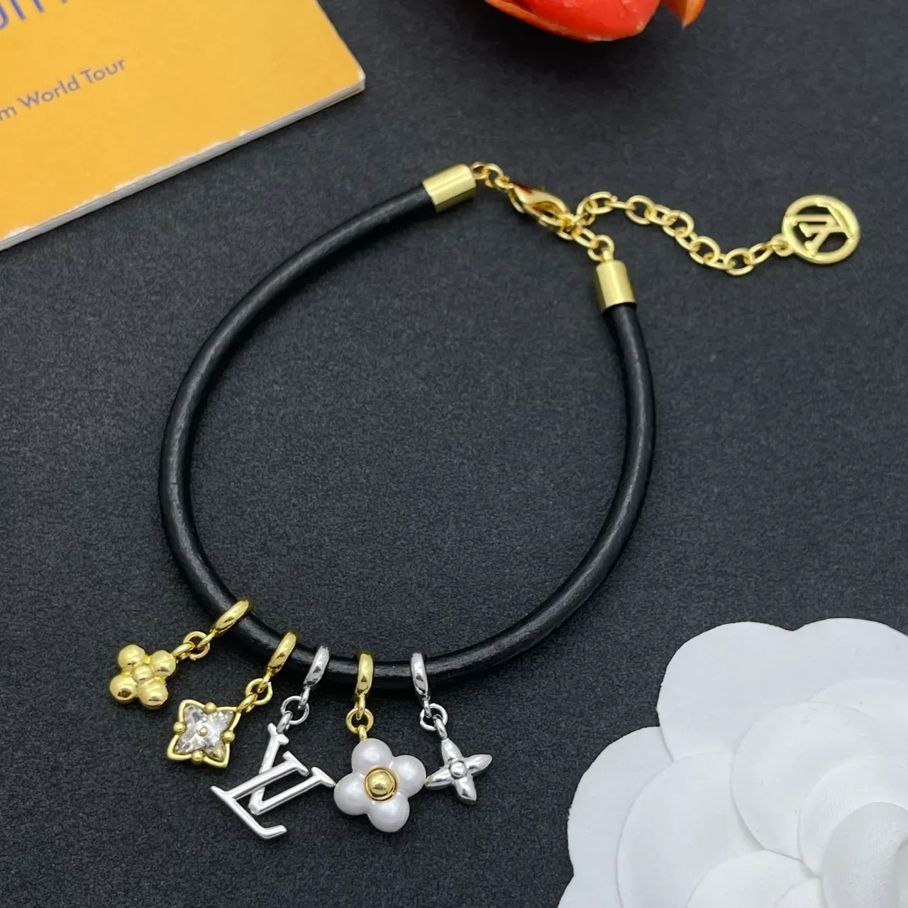 Louis Vuitton Black Gold Cord Multi-Charm Bracelet 7