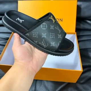 Louis Vuitton Black Gold Monogram-Printed Strap Molded Rubber Sole Slippers