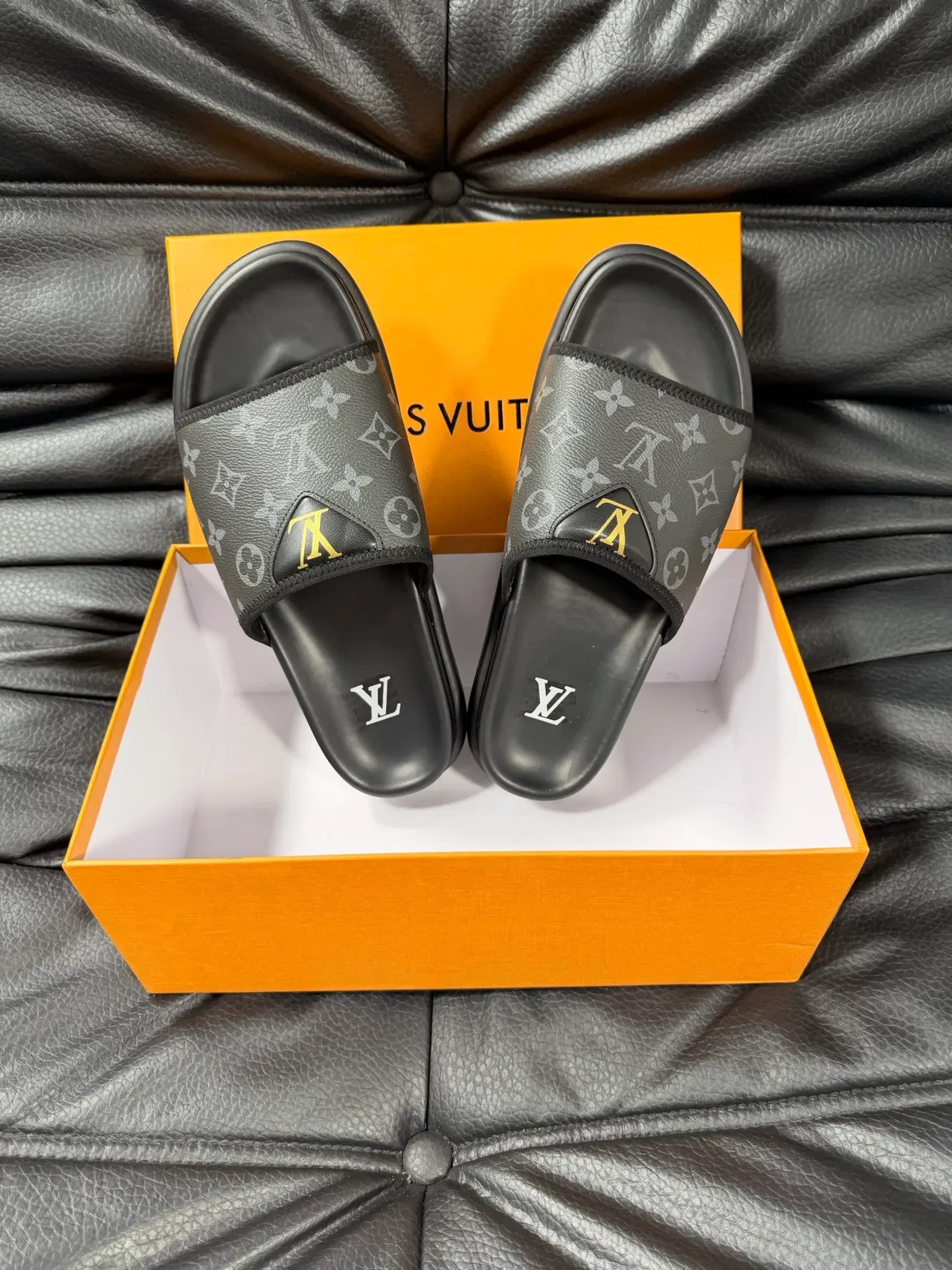 Louis Vuitton Black Gold Monogram-Printed Strap Molded Rubber Sole Slippers 3