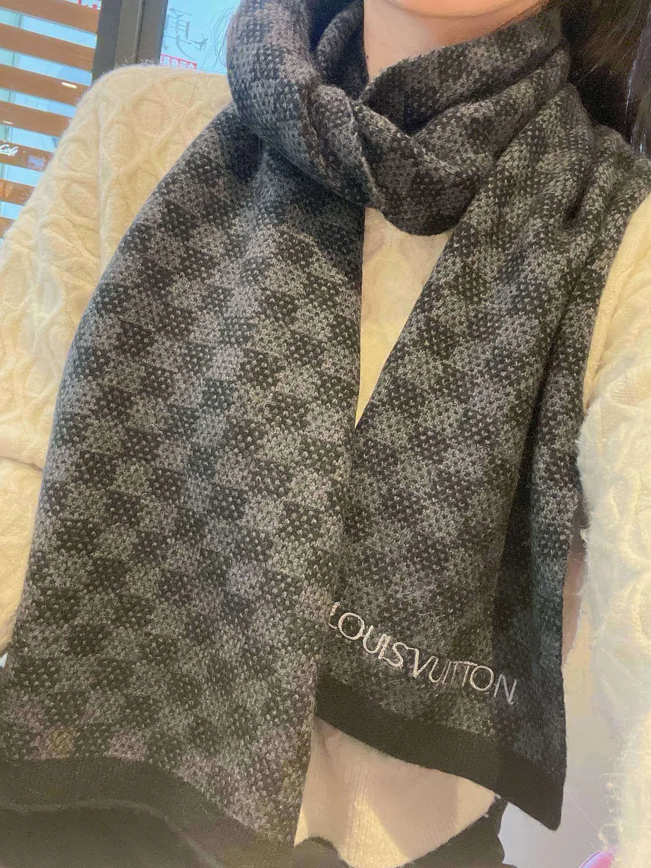 Louis Vuitton Black Gray Knitted Micro-Check Pattern Cashmere Scarf 2