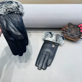 Louis Vuitton Black Gray Smooth Fur-Trimmed Cuff Leather Gloves