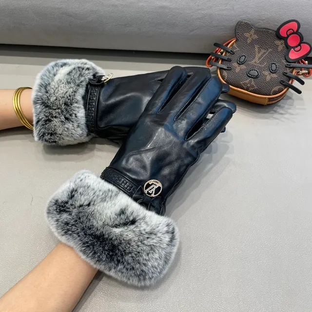 Louis Vuitton Luvas de couro com punho de pele cinza e preto 2