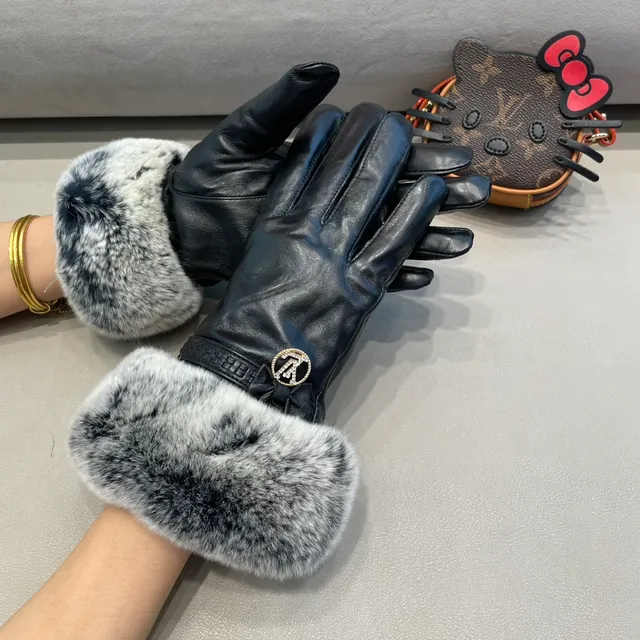 Louis Vuitton Luvas de couro com punho de pele cinza e preto 4