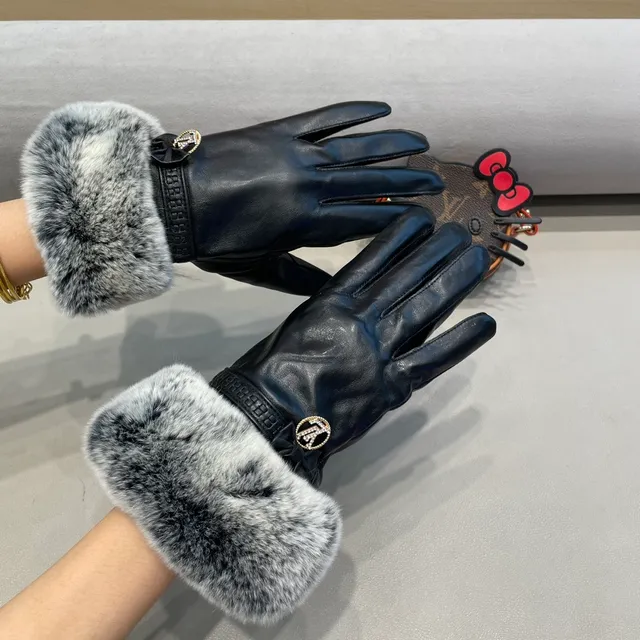 Louis Vuitton Luvas de couro com punho de pele cinza e preto 5