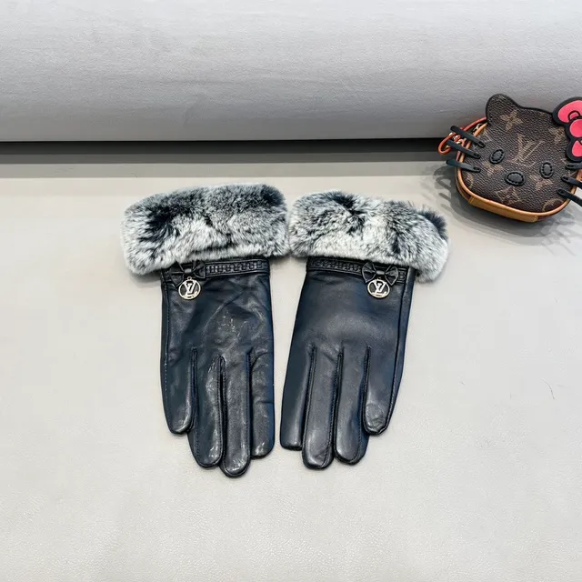 Louis Vuitton Luvas de couro com punho de pele cinza e preto 6
