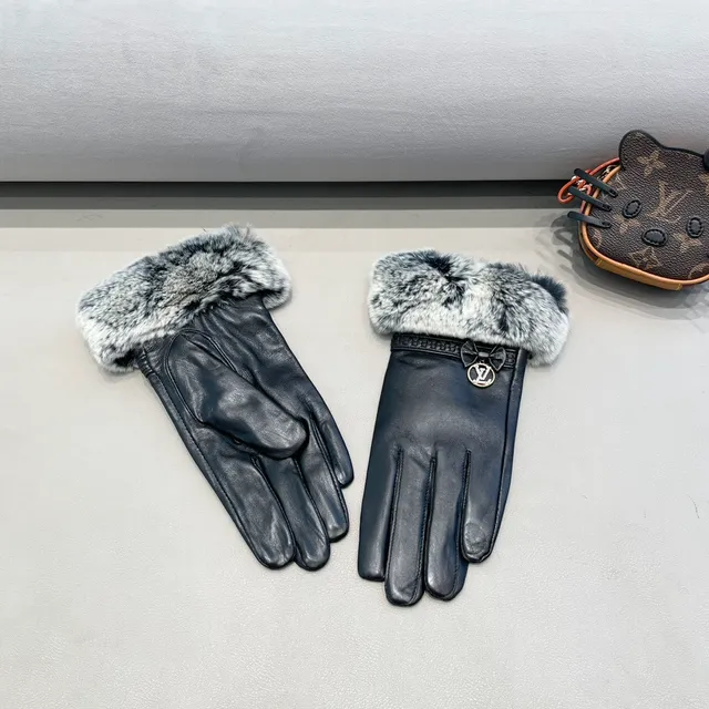 Louis Vuitton Luvas de couro com punho de pele cinza e preto 8