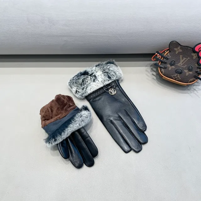 Louis Vuitton Luvas de couro com punho de pele cinza e preto 9