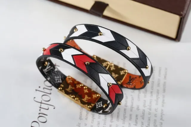 Louis Vuitton Black Red Geometric Color-Blocked Riveted Leather Bracelet 1
