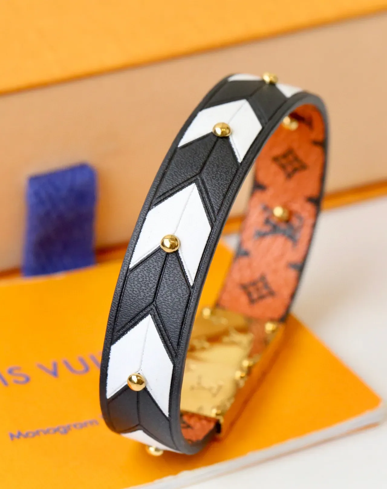 Louis Vuitton Black Red Geometric Color-Blocked Riveted Leather Bracelet 2