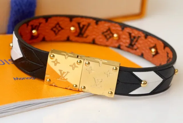 Louis Vuitton Black Red Geometric Color-Blocked Riveted Leather Bracelet 5