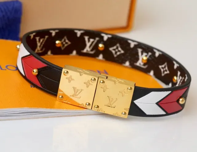 Louis Vuitton Black Red Geometric Color-Blocked Riveted Leather Bracelet 6