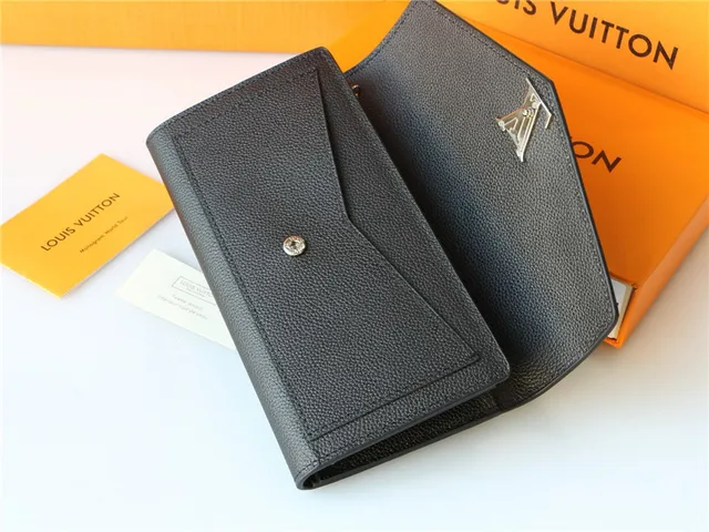 Louis Vuitton negro plata Envelope Flap Pebbled Leather Long Wallet 2