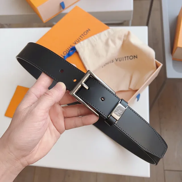 Louis Vuitton Black Silver Smooth Rectangular Buckle Leather Belt 3