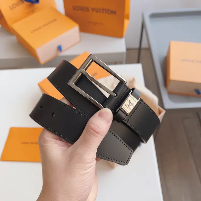Louis Vuitton Black Silver Smooth Rectangular Buckle Leather Belt 5