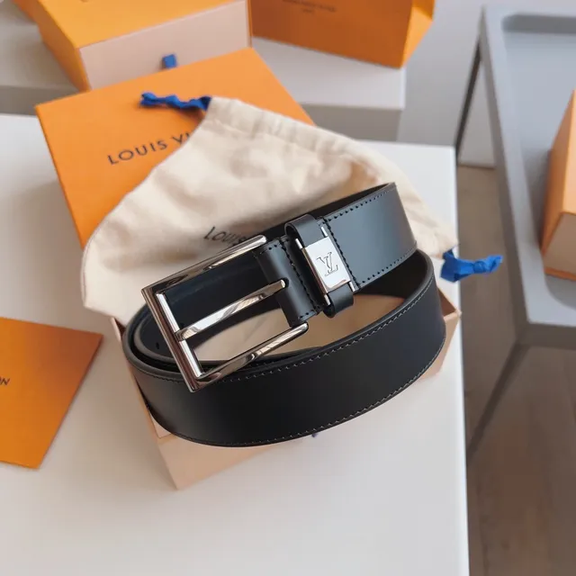 Louis Vuitton Black Silver Smooth Rectangular Buckle Leather Belt 9