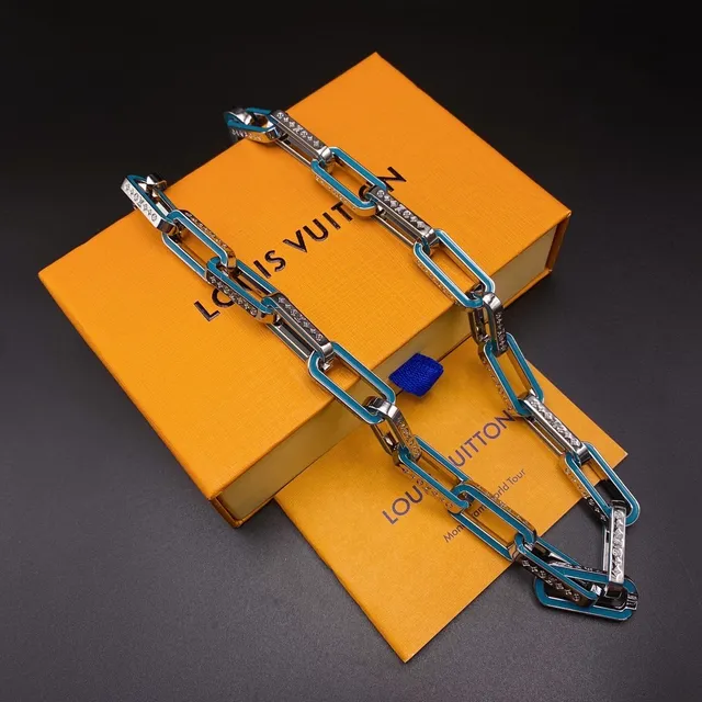 Louis Vuitton Blue Black Enamel-Coated Rectangular Links Pavé-Set Crystal Accents Necklace 2