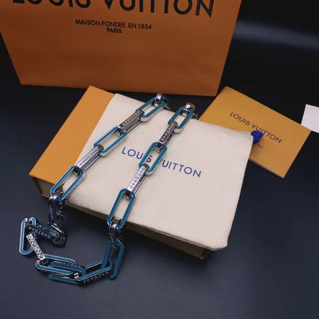 Louis Vuitton Blue Black Enamel-Coated Rectangular Links Pavé-Set Crystal Accents Necklace 3